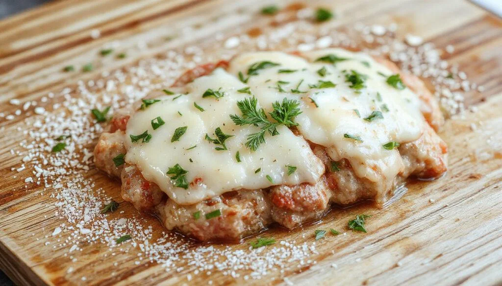 Hähnchenspieße mit knuspriger Haut, die mit einer würzigen Knoblauch-Parmesan-Marinade glasiert sind, auf einem rustikalen Holztablett serviert, mit frischen Kräutern und Zitronenscheiben als Garnitur.