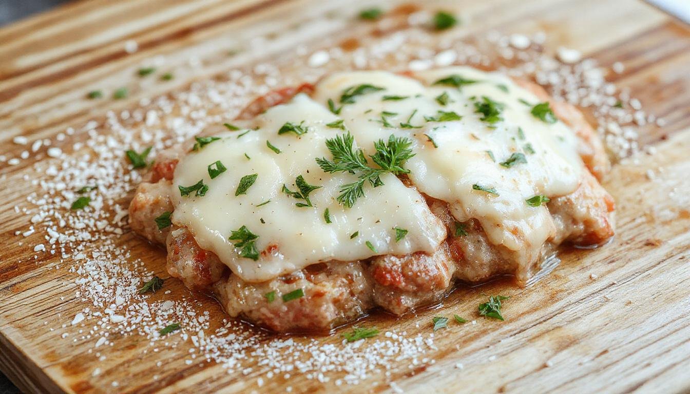 Hähnchenspieße mit knuspriger Haut, die mit einer würzigen Knoblauch-Parmesan-Marinade glasiert sind, auf einem rustikalen Holztablett serviert, mit frischen Kräutern und Zitronenscheiben als Garnitur.
