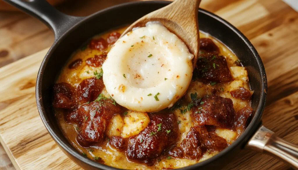 Eine bunte mexikanische Hack-Kartoffel-Pfanne in einer großen weißen Platte, mit goldbraunen, knusprigen Kartoffelwürfeln, saftigem Hackfleisch, roten Tomatenstücken, grünen Paprikastreifen und einer Prise frischer Koriander, alles appetitlich angerichtet.