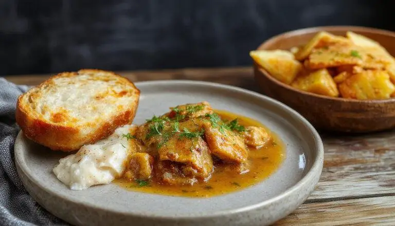 Ein Teller mit goldenbraunem Curryreis, gemischt mit saftigen Hackfleischstücken, garnierte mit frischen Kräutern und bunten Gemüseresten, ansprechend angerichtet