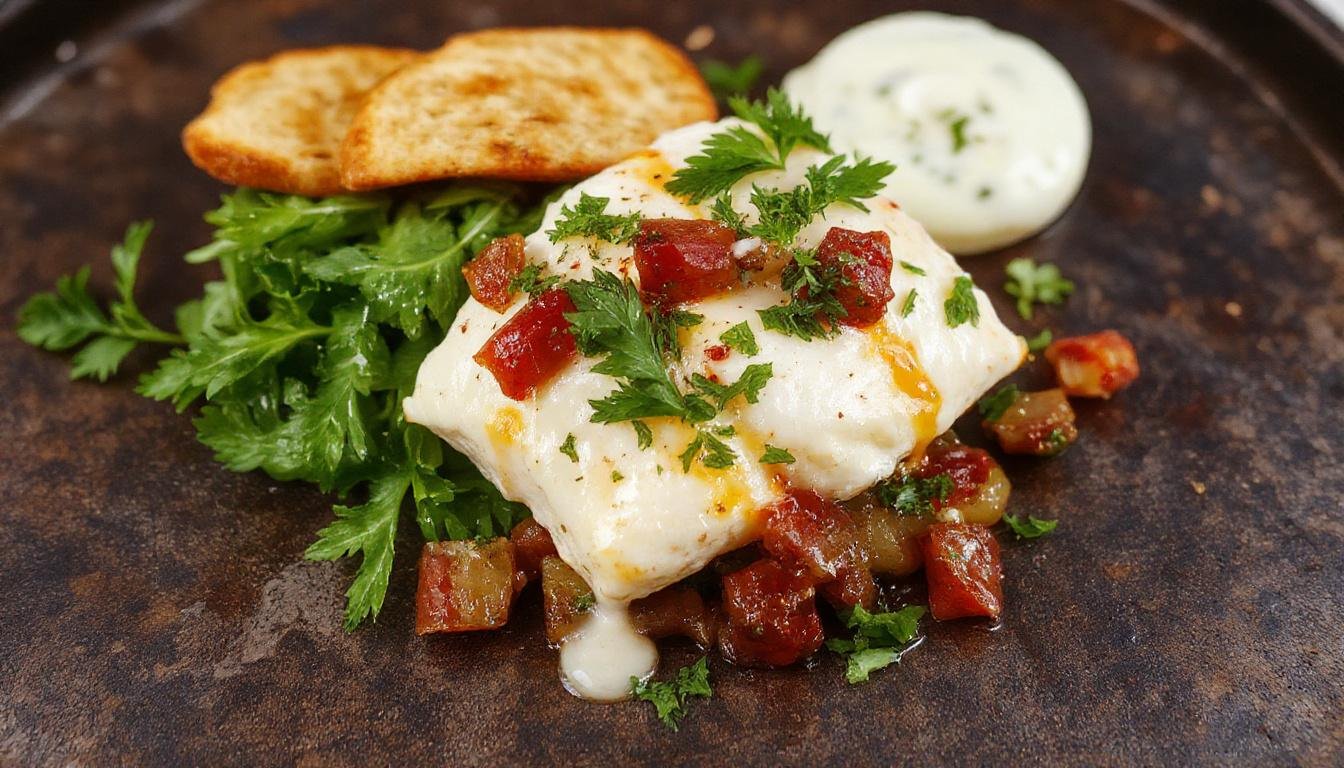 Buntes Gericht auf einem weißen Teller, glänzender goldbrauner Halloumi-Käse in Würfeln, frisches grünliches Tabbouleh mit Tomaten, Gurken und frischer Minze, serviert mit cremigem Minzjoghurt an der Seite, alles ansprechend angerichtet mit einer leichten Garnierung aus Minzblättern.