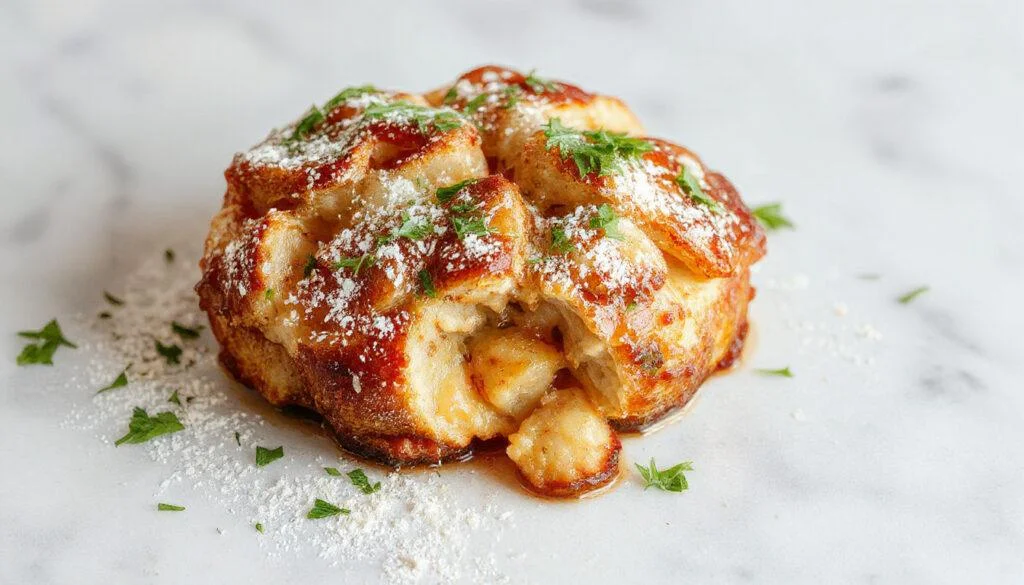 Ein saftiges Hähnchenbruststück, goldbraun und knusprig, ist in einer cremigen, weißen Kokosnusssoße mit grünen Paprikastreifen und frischen Kräutern serviert, alles auf einem weißen Teller mit buntem Beikraut.