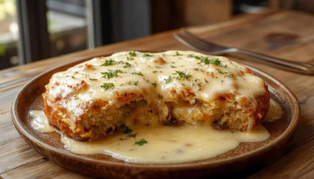 Eine saftige, goldbraun gebratene Hähnchenbrust liegt auf einem weißen Teller, umgeben von einer cremigen Frischkäsesauce, garnierte mit frischen Kräutern und serviert mit Gemüse.