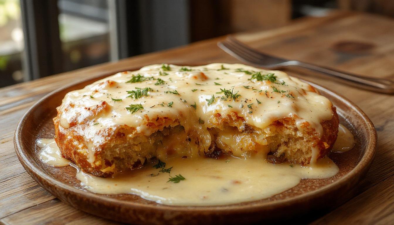 Eine saftige, goldbraun gebratene Hähnchenbrust liegt auf einem weißen Teller, umgeben von einer cremigen Frischkäsesauce, garnierte mit frischen Kräutern und serviert mit Gemüse.