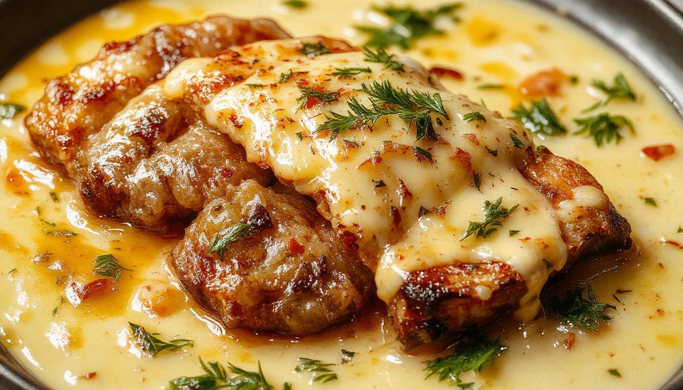 Zartes Hähnchenfilet, serviert auf einem weißen Teller, umgeben von einer cremigen Frischkäse-Parmesan-Soße, mit frischen Kräutern garniert, goldbraun gebraten, appetitlich angerichtet