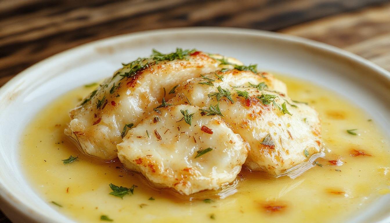 Gebratenes Hähnchenbrustfilet in goldbrauner Kruste, garniert mit frisch geriebenem Parmesan und gehacktem Knoblauch, serviert in einer cremigen weißen Soße auf einem weißen Teller mit grünen Kräutern