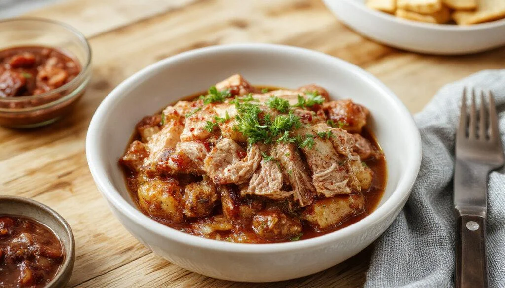 Das zarte Pulled Pork ist auf einem weißen Teller angerichtet, mit saftigen, zerkleinerten Fleischstücken, die in einer würzigen Marinade getränkt sind. Das Fleisch hat eine goldbraune, leicht knusprige Kruste, und es wird mit frischen Kräutern garniert. Im Hintergrund sind BBQ-Sauce und kleine Beilagen sichtbar, die das Gericht abwechslungsreich und einladend wirken lassen.