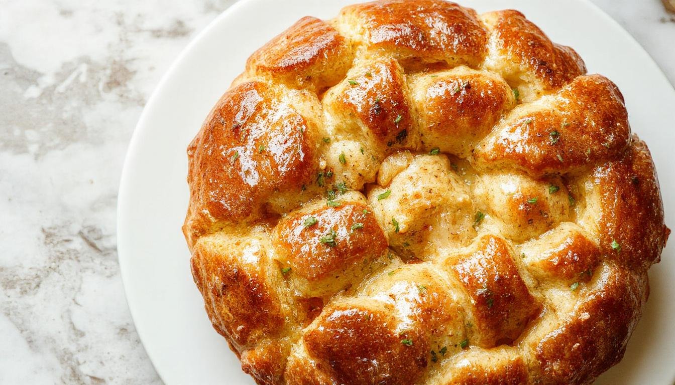 Ein aromatischer Zimtschnecken-Kuchen, goldbraun gebacken, mit einer groĂzĂŒgigen Zimt-Zucker-Schicht und Zimtstreuseln auf der OberflĂ€che, in einer eleganten Kuchenform prĂ€sentiert, mit einem StĂŒck, das teilweise abgeschnitten wurde, um die weiche, gezogene Teigstruktur zu zeigen.