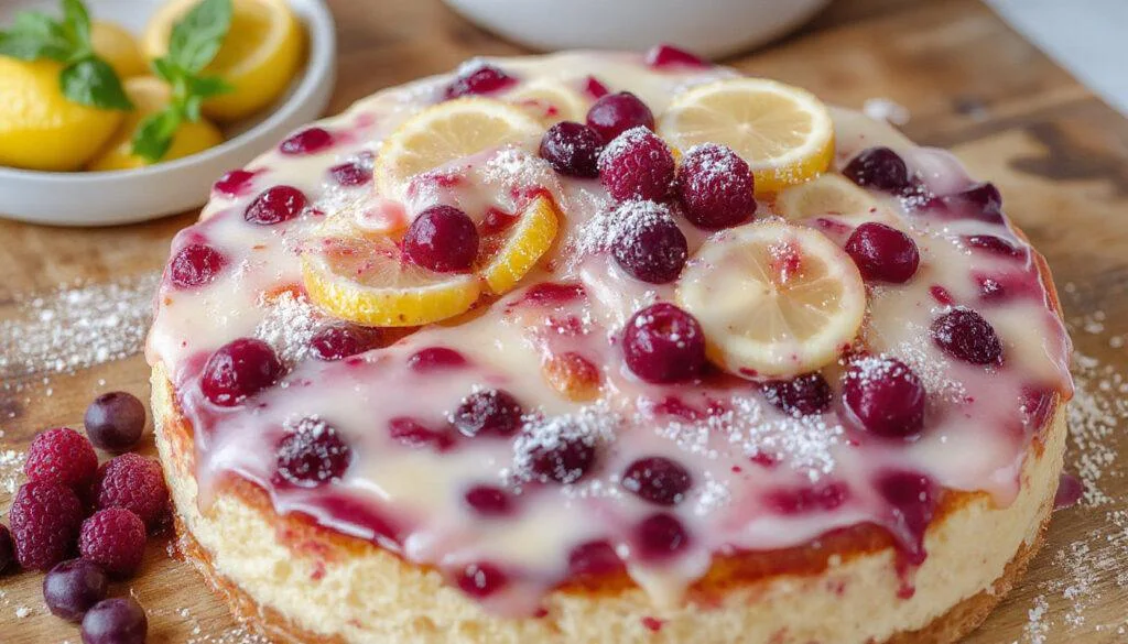 Ein köstlicher Blaubeerkuchen mit cremigem Cheesecake-Frosting, garniert mit frischen Blaubeeren und Zitronenscheiben, auf einem eleganten pastellfarbenen Teller präsentiert.
