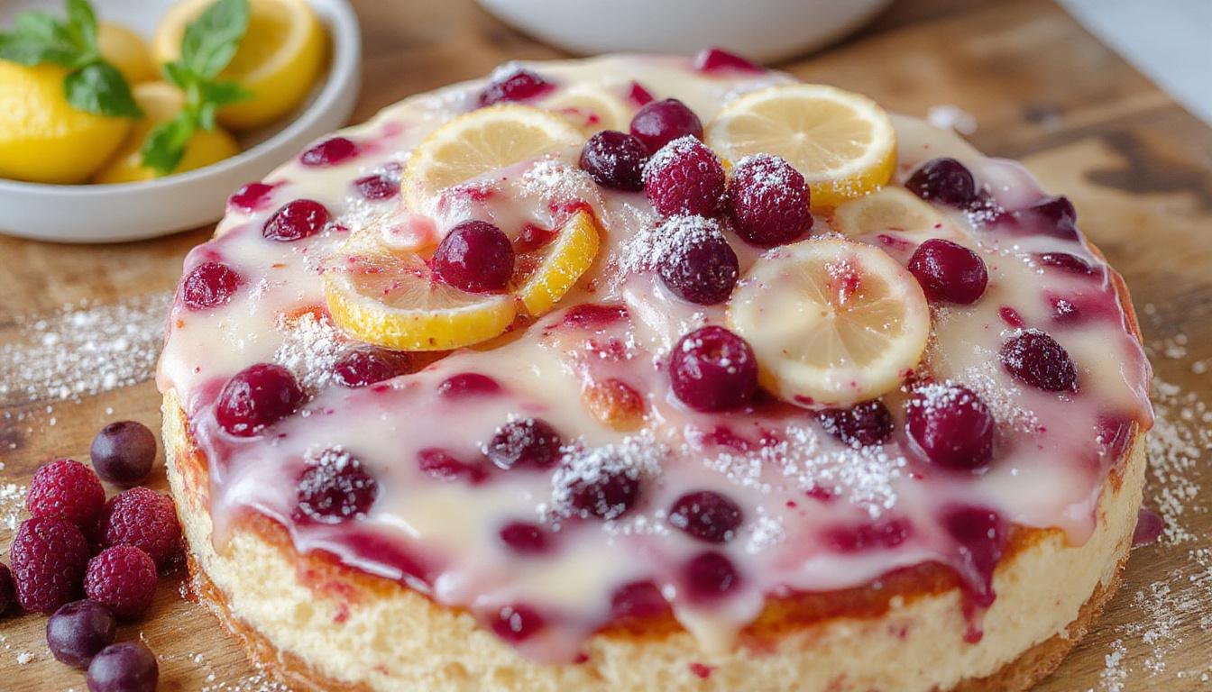 Ein köstlicher Blaubeerkuchen mit cremigem Cheesecake-Frosting, garniert mit frischen Blaubeeren und Zitronenscheiben, auf einem eleganten pastellfarbenen Teller präsentiert.