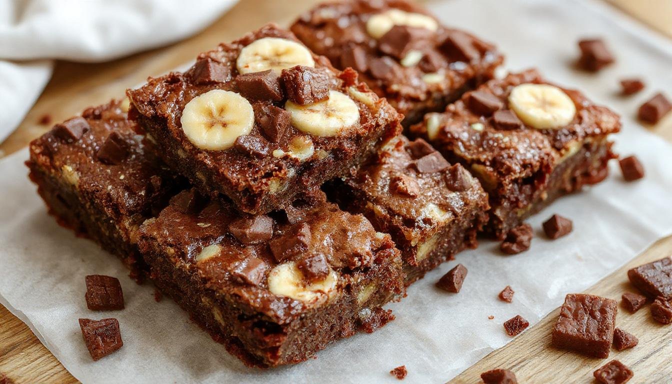 Eine köstliche Portion zuckerfreie Low-Carb-Bananen-Brownies auf einem weißen Teller, die goldbraun gebacken sind, mit einer leicht knusprigen Oberfläche und einer feuchten, fudgy Textur im Inneren. Darauf liegt ein Himbeer-Spritzgebäck und einige Bananenscheiben, die den Brownies eine fruchtige Note verleihen.