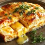 Ein frisch gebackener Zwetschgendatschi auf einem rustikalen Holzbrett, bedeckt mit saftigen, violetten Zwetschgen, glasiert und mit Puderzucker bestäubt, der Quark-Öl-Teig bildet einen goldbraunen Rand.