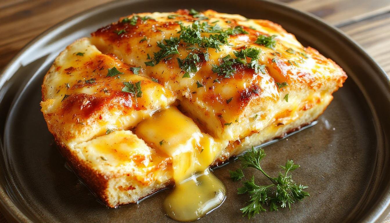 Ein frisch gebackener Zwetschgendatschi auf einem rustikalen Holzbrett, bedeckt mit saftigen, violetten Zwetschgen, glasiert und mit Puderzucker bestäubt, der Quark-Öl-Teig bildet einen goldbraunen Rand.