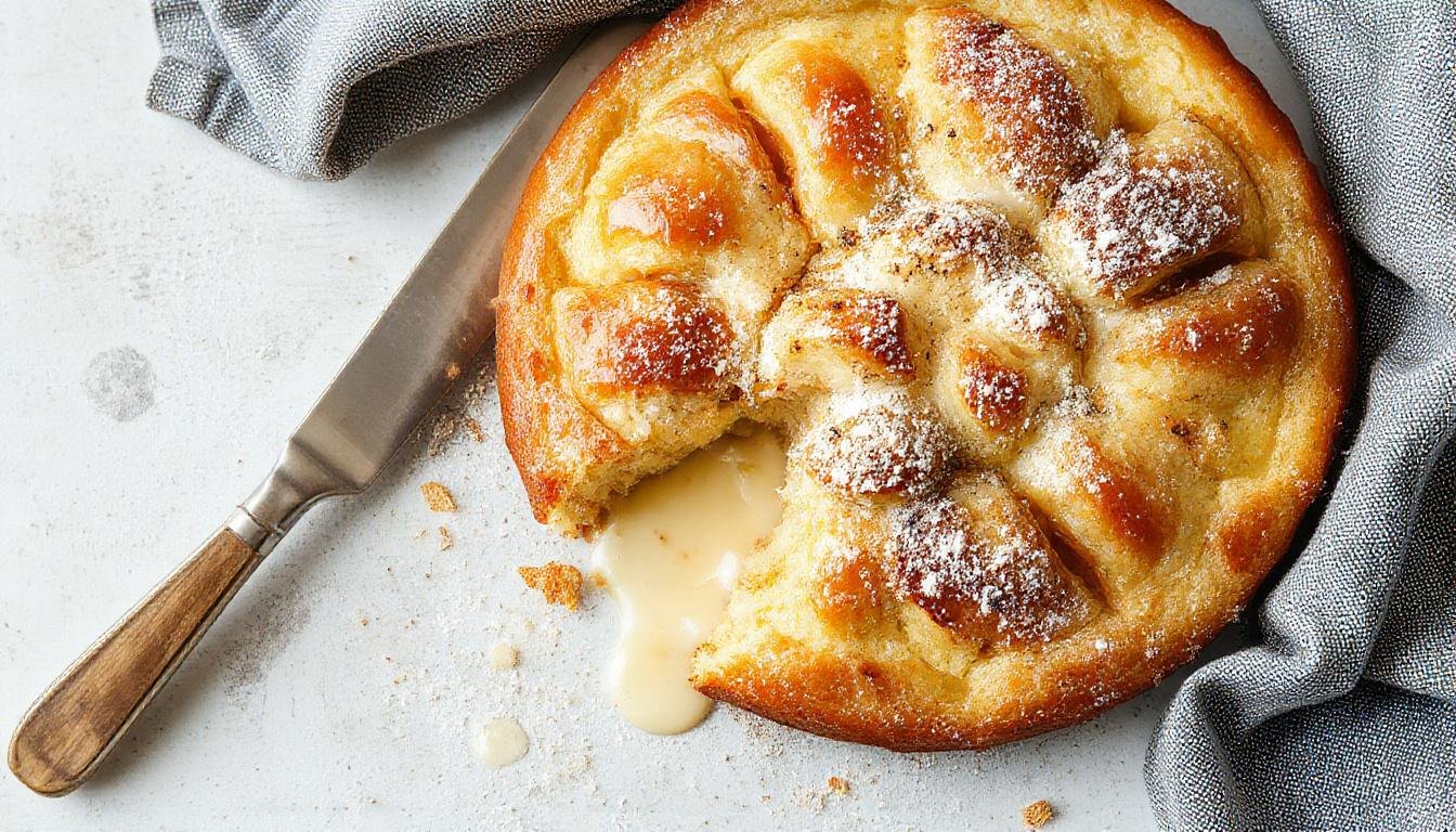 Ein frisch gebackener Zwetschgenkuchen mit knusprigen Streuseln, einer goldbraunen Baiserschicht auf der Frucht, dekorativ angerichtet auf einem rustikalen Teller mit einem Streuselrand, die Zwetschgen sind tiefviolett und saftig, während die Baiserschicht leicht gebräunt ist.