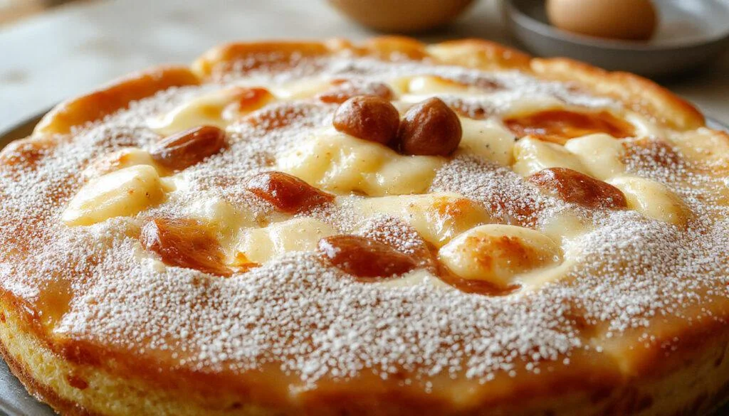 Ein frisch gebackener Zwetschgenkuchen mit Zimtstreuseln, darauf liegen saftige, violette Zwetschgenhälften, umgeben von goldbraunen Streuseln, auf einem rustikalen Holzteller präsentiert, mit einem staubigen Zimtüberzug und einem Hauch von Puderzucker, im Hintergrund eine Tasse Kaffee.