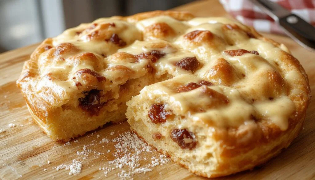 Ein frisch gebackener Zwetschgenkuchen auf einem rustikalen Holztablett, mit goldbrauner Streuseldecke bedeckt, darüber liegen glänzende, dunkelviolette Zwetschgen. Der Kuchen ist in Stücke geschnitten, die knusprige Kruste ist sichtbar, die Zwetschgen sind saftig und aromatisch. Das Bild ist warm beleuchtet, hebt die Textur des Streusels und die leuchtende Farbe der Zwetschgen hervor.
