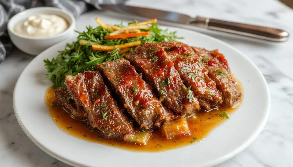 Das Zwiebelfleisch ist auf einem rustikalen Teller angerichtet, mit goldbraunen Zwiebeln obenauf und saftigem Fleisch darunter. Die Zwiebeln sind karamellisiert, die Oberfläche des Fleisches leicht knusprig und saftig, mit einer rustikalen, einladenden Präsentation, umgeben von einem Hauch von frischen Kräutern.