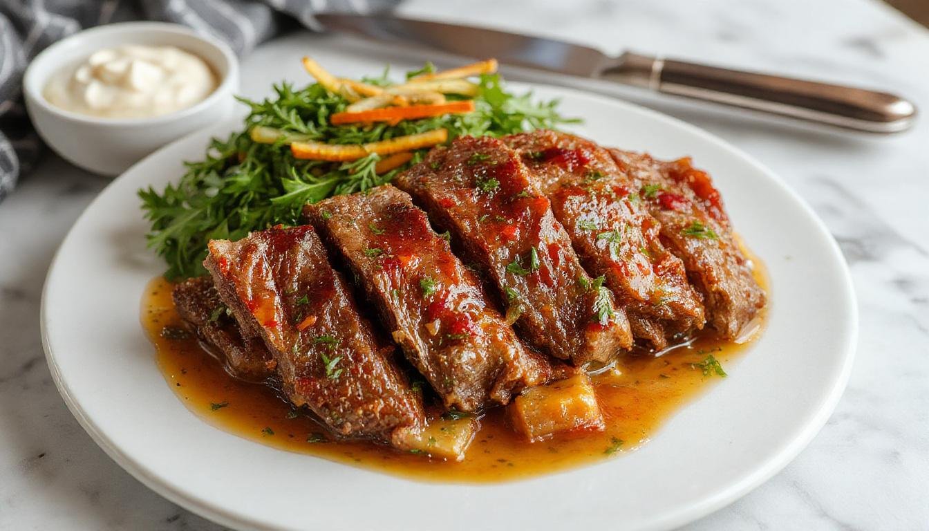 Das Zwiebelfleisch ist auf einem rustikalen Teller angerichtet, mit goldbraunen Zwiebeln obenauf und saftigem Fleisch darunter. Die Zwiebeln sind karamellisiert, die Oberfläche des Fleisches leicht knusprig und saftig, mit einer rustikalen, einladenden Präsentation, umgeben von einem Hauch von frischen Kräutern.