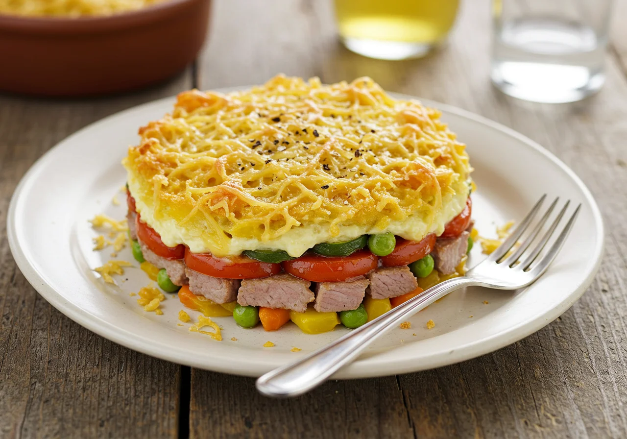 Ein herzhafter Arme-Leute-Ehemann-Auflauf in einer ofenfesten Form, bedeckt mit goldbraunem Käse und knusprigen Semmelbröseln, mit bunten Gemüsestücken und zartem Fleisch sichtbar, präsentiert auf einem rustikalen Holztisch