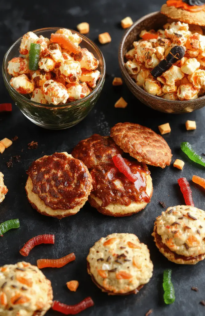 A vibrant Halloween-themed snack spread featuring creepy cookies, colorful popcorn, and themed finger foods, arranged on a dark platter with orange and black accents, decorated with mini pumpkins and spooky decor, textures include crispy snacks, gooey treats, and colorful candies, styled in a playful and festive manner.