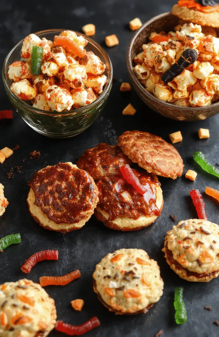 A vibrant Halloween-themed snack spread featuring creepy cookies, colorful popcorn, and themed finger foods, arranged on a dark platter with orange and black accents, decorated with mini pumpkins and spooky decor, textures include crispy snacks, gooey treats, and colorful candies, styled in a playful and festive manner.
