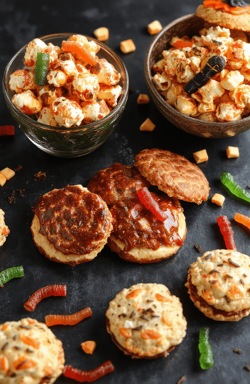 A vibrant Halloween-themed snack spread featuring creepy cookies, colorful popcorn, and themed finger foods, arranged on a dark platter with orange and black accents, decorated with mini pumpkins and spooky decor, textures include crispy snacks, gooey treats, and colorful candies, styled in a playful and festive manner.