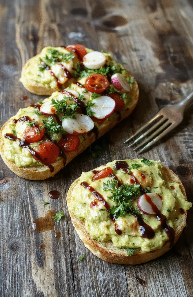 A vibrant and inviting assortment of avocado toast varieties on rustic wooden boards, showcasing colorful toppings like cherry tomatoes, radishes, microgreens, and drizzles of balsamic glaze. The breads are toasted to golden perfection with creamy avocado spread, garnished with herbs and seeds, styled casually with natural daylight highlighting textures and fresh ingredients.