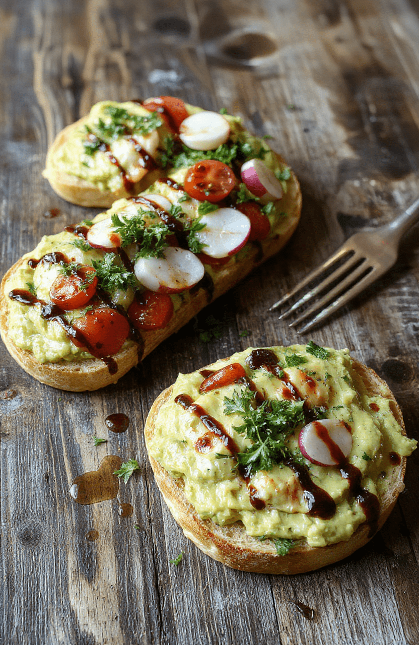 A vibrant and inviting assortment of avocado toast varieties on rustic wooden boards, showcasing colorful toppings like cherry tomatoes, radishes, microgreens, and drizzles of balsamic glaze. The breads are toasted to golden perfection with creamy avocado spread, garnished with herbs and seeds, styled casually with natural daylight highlighting textures and fresh ingredients.