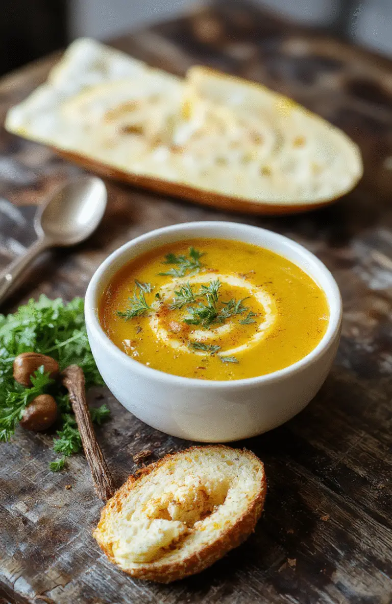 A vibrant bowl of turmeric chicken soup featuring golden broth, tender shredded chicken, fresh herbs, and colorful vegetables, styled with a rustic wooden spoon on a neutral background