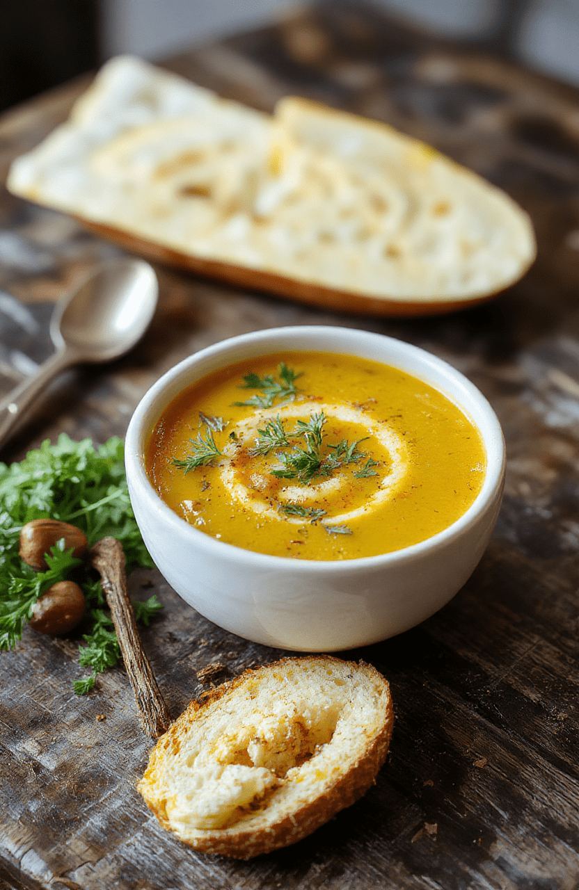 A vibrant bowl of turmeric chicken soup featuring golden broth, tender shredded chicken, fresh herbs, and colorful vegetables, styled with a rustic wooden spoon on a neutral background
