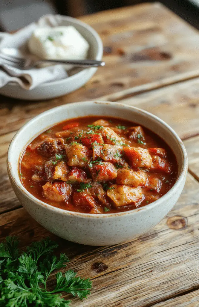 A steaming bowl of rich, deep red German goulash placed on a rustic wooden table. The stew is garnished with fresh herbs, showing tender chunks of beef and colorful vegetables in a flavorful gravy. The background features rustic plates and a soft focus on the cozy, inviting presentation, highlighting the textures and warm colors of the dish.