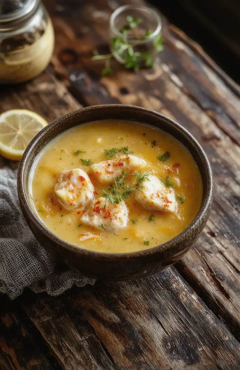 A vibrant bowl of Greek Lemon Chicken Soup with tender shredded chicken, bright yellow lemon broth, fresh herbs, and sliced vegetables. The soup is garnished with lemon wedges, parsley, and a drizzle of olive oil, served in a rustic white bowl on a wooden table with a lemon and herbs nearby.
