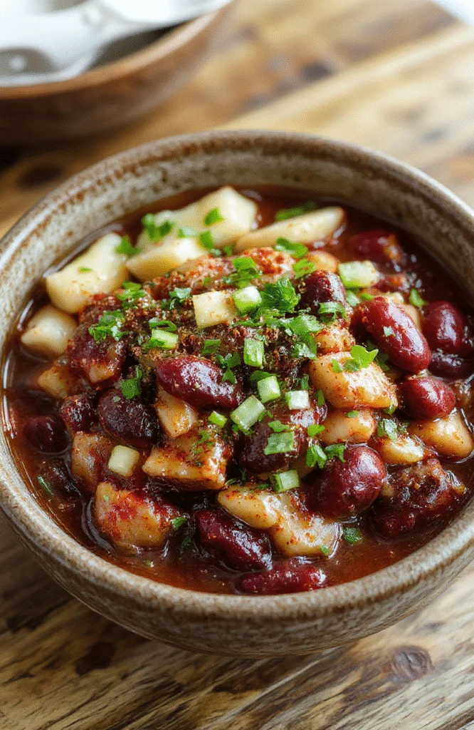 A vibrant plate of Louisiana red beans and rice featuring tender red beans, fluffy white rice, and freshly chopped green herbs, served in a rustic bowl. The dish is beautifully garnished with sliced scallions and a sprinkle of Cajun seasoning, captured in warm natural light with a slightly out-of-focus background of a cozy kitchen setting.