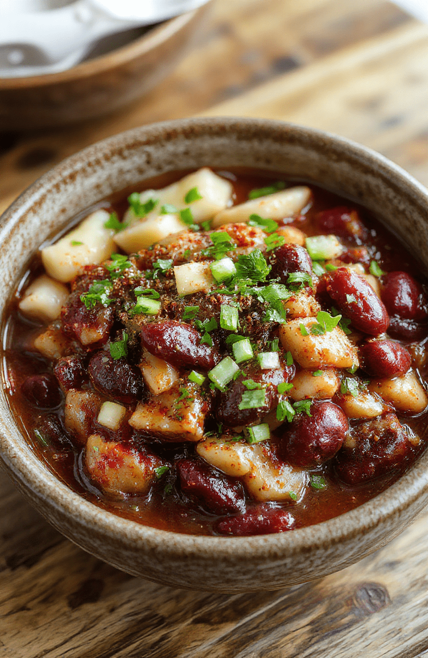 A vibrant plate of Louisiana red beans and rice featuring tender red beans, fluffy white rice, and freshly chopped green herbs, served in a rustic bowl. The dish is beautifully garnished with sliced scallions and a sprinkle of Cajun seasoning, captured in warm natural light with a slightly out-of-focus background of a cozy kitchen setting.