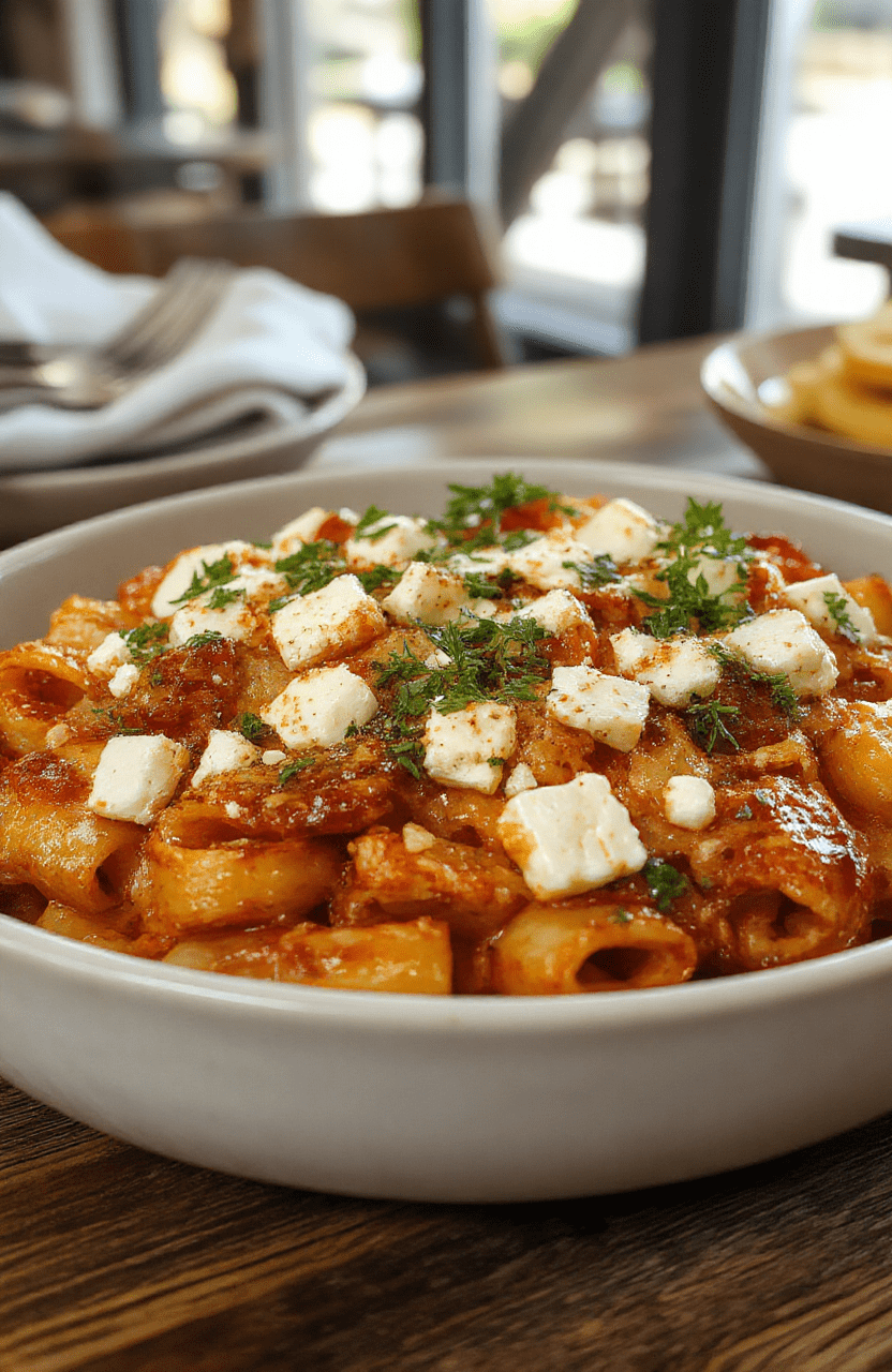 A vibrant plate of baked feta veggie pasta featuring creamy feta cheese melted over colorful roasted vegetables and al dente pasta, garnished with fresh herbs and served on a rustic wooden table.