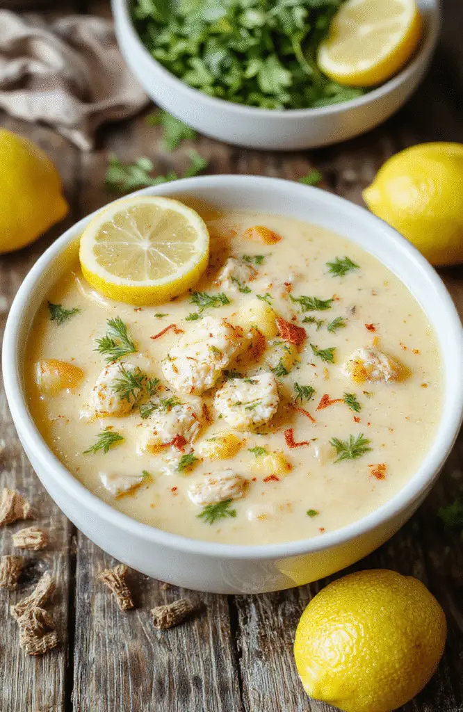 A vibrant bowl of lemon chicken orzo soup featuring tender chicken pieces, bright yellow lemon zest, and fragrant herbs, served with a sprinkle of fresh parsley on a rustic wooden table, capturing the colorful, comforting textures and fresh ingredients.