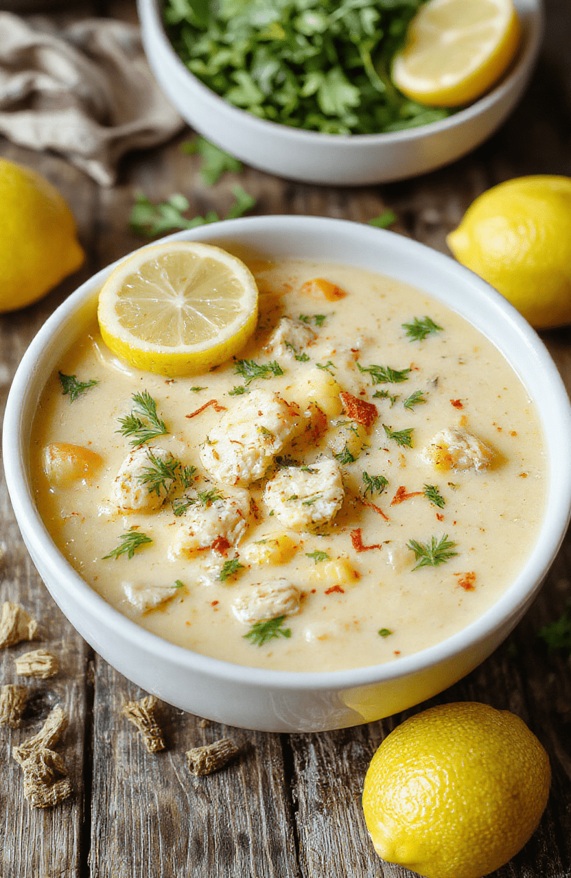 A vibrant bowl of lemon chicken orzo soup featuring tender chicken pieces, bright yellow lemon zest, and fragrant herbs, served with a sprinkle of fresh parsley on a rustic wooden table, capturing the colorful, comforting textures and fresh ingredients.