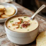 A rich and creamy cheesy cheesesteak potato soup in a rustic bowl topped with shredded cheese, chopped green onions, and crispy steak pieces. The soup has a thick, velvety texture with gooey cheese strings, served on a wooden table with a spoon beside it, styled for a cozy, inviting look.