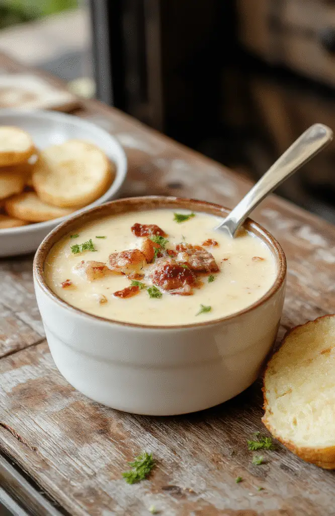 A rich and creamy cheesy cheesesteak potato soup in a rustic bowl topped with shredded cheese, chopped green onions, and crispy steak pieces. The soup has a thick, velvety texture with gooey cheese strings, served on a wooden table with a spoon beside it, styled for a cozy, inviting look.
