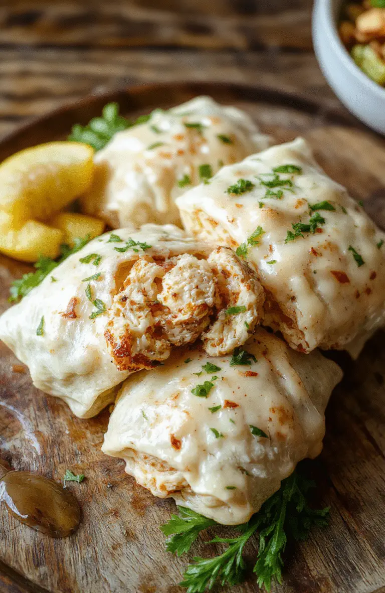 A close-up of cheesy garlic chicken wraps on a rustic wooden plate, filled with golden grilled chicken, melted cheese, and fresh herbs, garnished with chopped parsley, styled with vibrant sauces around, highlighting textures and colors.