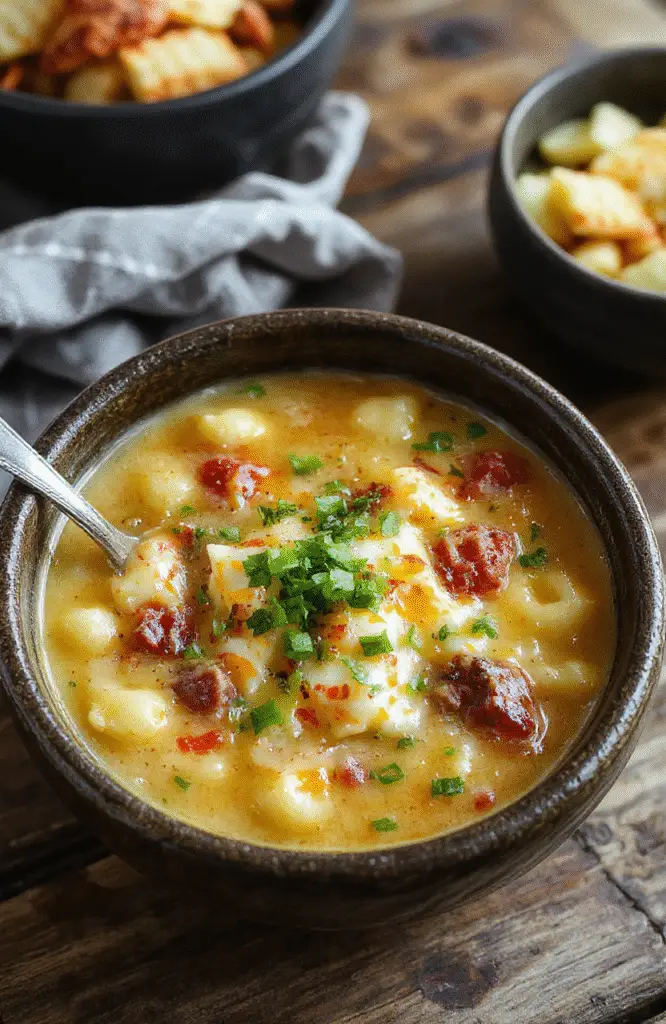 A vibrant bowl of creamy cheeseburger macaroni soup garnished with chopped green onions and melted cheese, served on a rustic wooden table with a spoon, showcasing the rich textures and cheesy toppings.