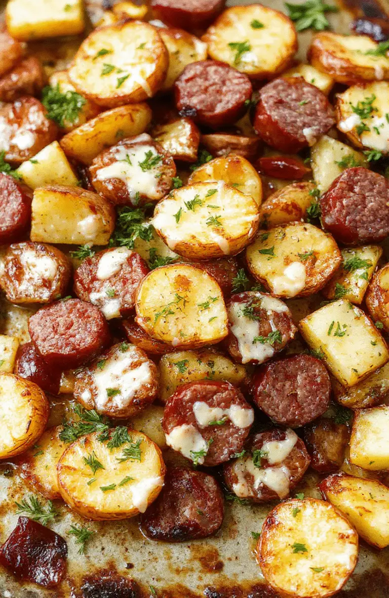 A colorful sheet pan filled with roasted golden-brown potatoes, sliced smoked sausage, topped with melted cheese and fresh herbs, all arranged on a rustic baking sheet, styled simply with a casual appeal.