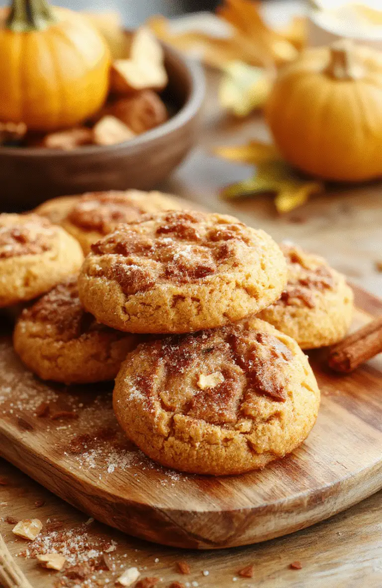 A close-up of chewy brown butter pumpkin snickerdoodles arranged on a rustic wooden platter, sprinkled with cinnamon sugar, featuring golden-brown edges and soft centers, with a fall-themed background of pumpkins and autumn leaves, styled simply for a cozy seasonal vibe.