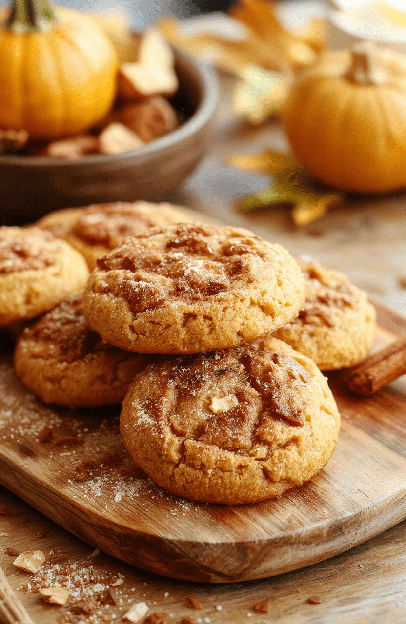 A close-up of chewy brown butter pumpkin snickerdoodles arranged on a rustic wooden platter, sprinkled with cinnamon sugar, featuring golden-brown edges and soft centers, with a fall-themed background of pumpkins and autumn leaves, styled simply for a cozy seasonal vibe.