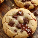 A stack of golden-brown chewy chocolate chip cookies with melty chocolate chunks on a rustic wooden surface, styled with a few scattered chips, warm natural lighting highlighting their texture and gooey centers.