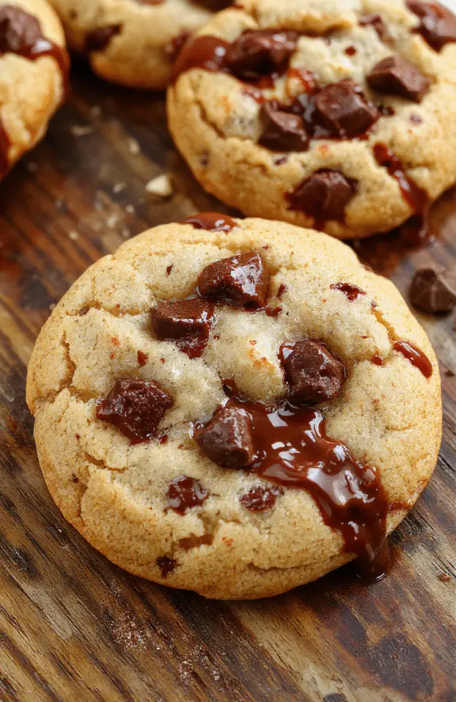 A stack of golden-brown chewy chocolate chip cookies with melty chocolate chunks on a rustic wooden surface, styled with a few scattered chips, warm natural lighting highlighting their texture and gooey centers.