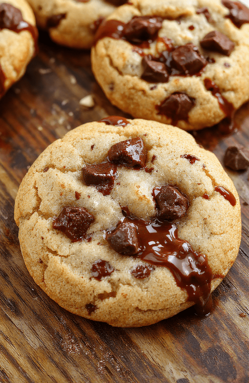 A stack of golden-brown chewy chocolate chip cookies with melty chocolate chunks on a rustic wooden surface, styled with a few scattered chips, warm natural lighting highlighting their texture and gooey centers.