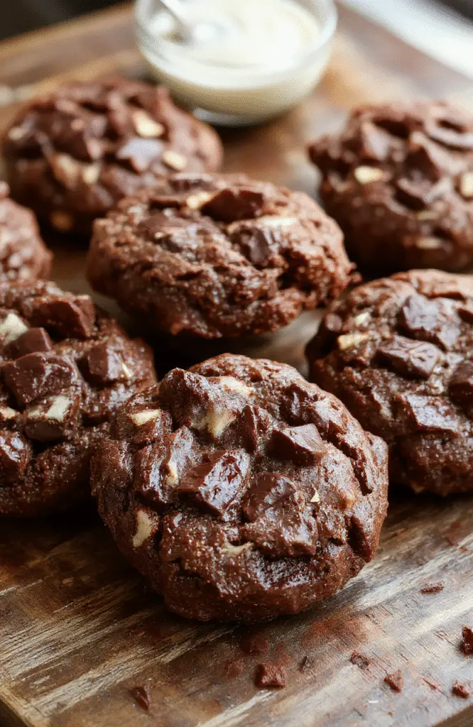A stunning plate of fudgy, chewy brookies with a golden-brown crust and gooey chocolate centers, arranged artfully on a rustic wooden surface with a drizzle of chocolate and a hint of sea salt, styled minimally with soft natural lighting.