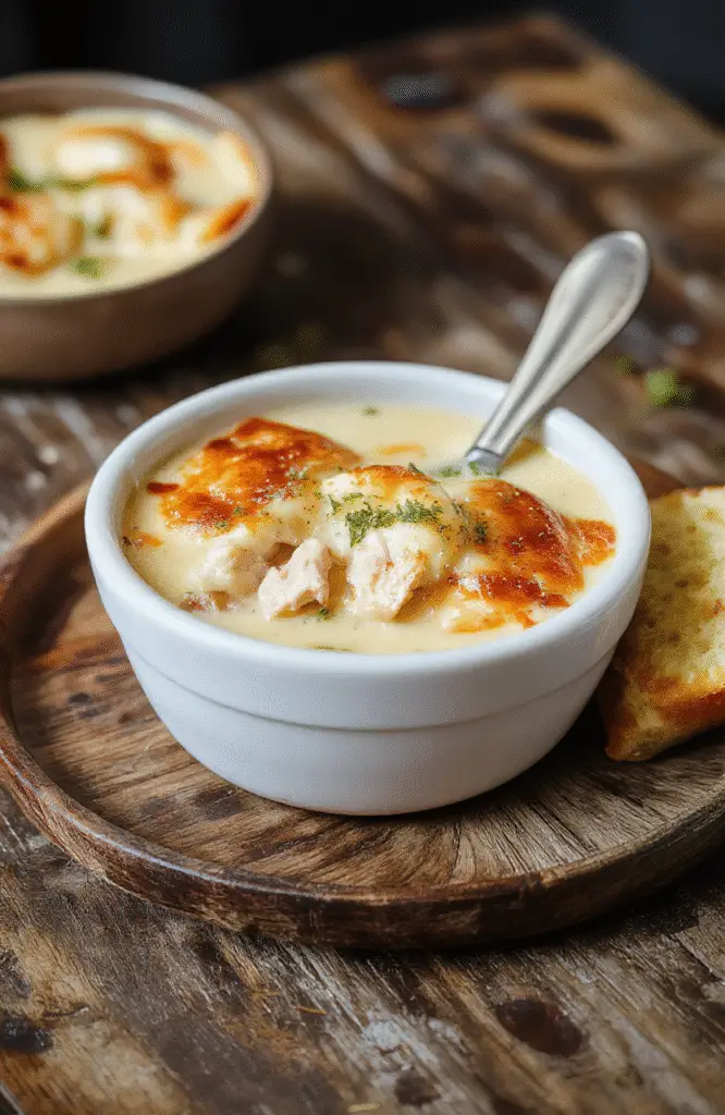 A warm bowl of chicken pot pie soup garnished with fresh herbs, with visible chunks of chicken, vegetables, and flaky pie crust pieces, creamy and inviting, styled on a rustic wooden surface with a cozy background.