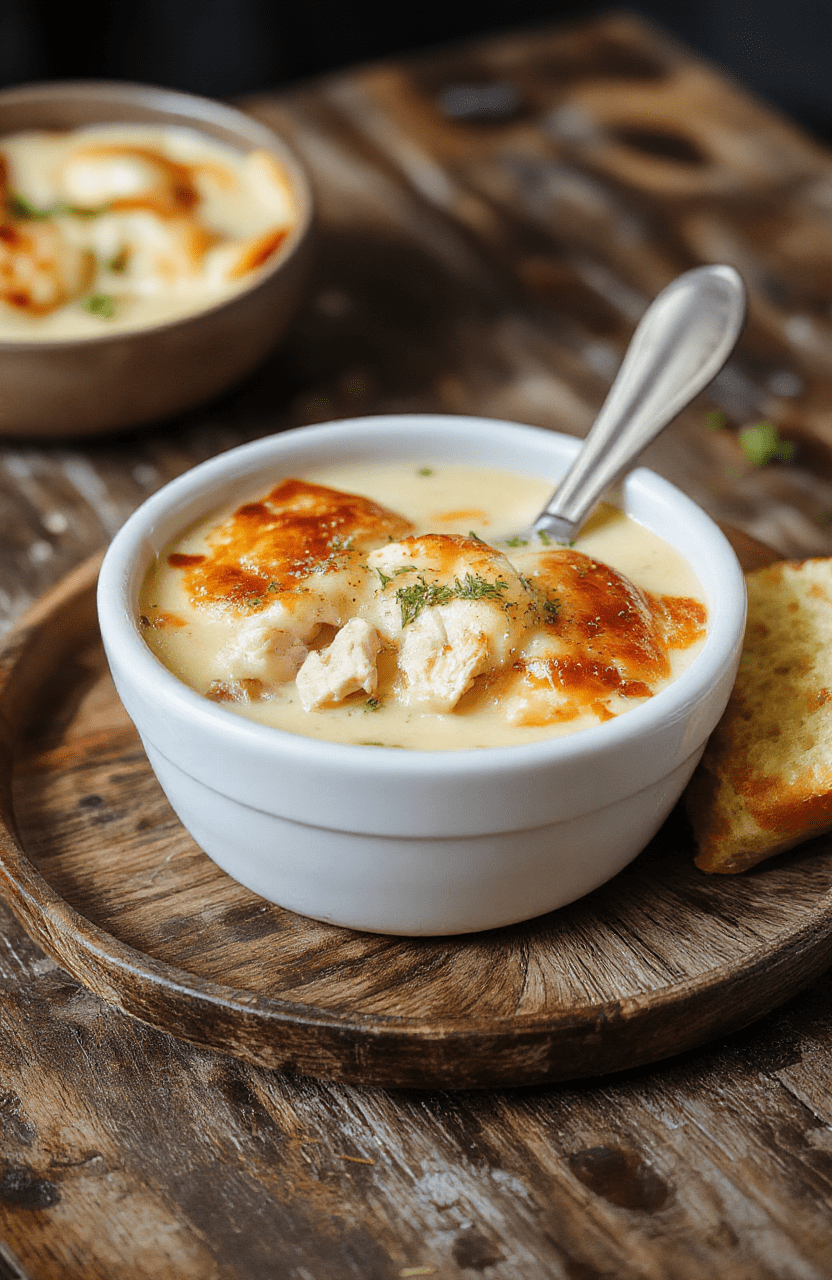 A warm bowl of chicken pot pie soup garnished with fresh herbs, with visible chunks of chicken, vegetables, and flaky pie crust pieces, creamy and inviting, styled on a rustic wooden surface with a cozy background.